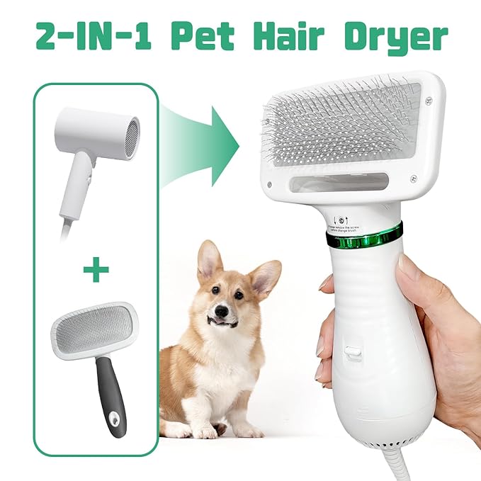 Pet Hair Dryer, 2-in-1 Dog Hair Brush Dryer With Slicker Brush, 300W Pet Grooming Dryer for Small and Medium-Sized Dogs and Cats, Portable ＆ Adjustable Temperature
