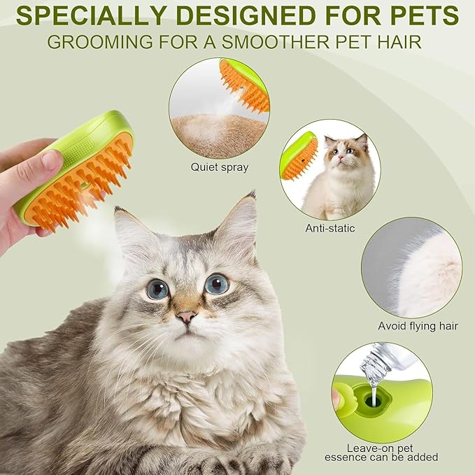 Cat Steam 3-in-1 Multifunctional Silicone Brush - Grooming Tool for Removing Tangles and Loose Hair from Cats, Dogs, and Pets - Massager with Steam Function