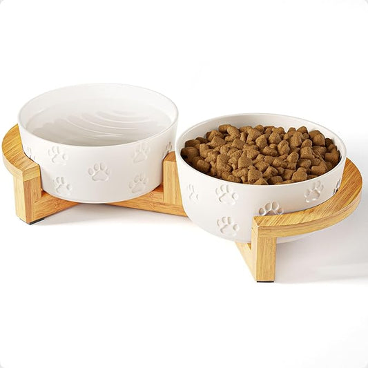Ceramic Dog Bowls with Stand - Medium Dog Bowl Set with Stand Non-Slip - 2 Ceramic Dishes with Anti-Skid Bamboo Stand for Medium Dogs - Elevated Dog Bowls Set of 2 - Raised Pet Feeding Station
