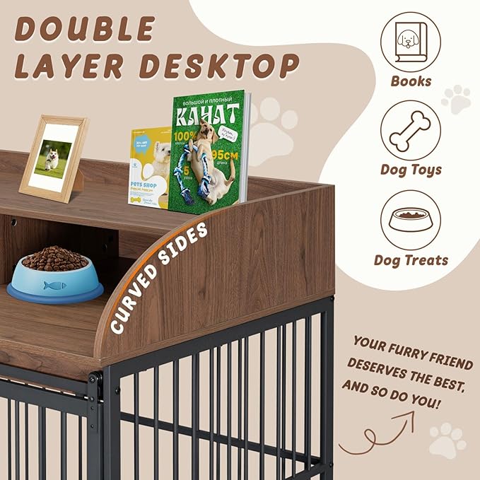 Merax 44" Heavy Duty Large Medium Dog Crate, Wooden Metal Kennel Pet Cage with Lockable Wheels & End Table Double Layer Storage Indoor Furniture, Brown