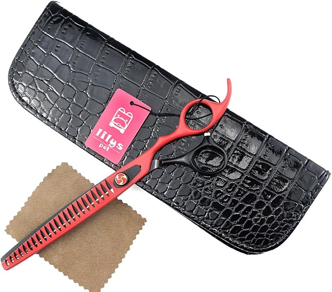 LILYS PET HIGH-END SERIES 8-Inch Japanese 440C Pet Dog Chunker Shears,Fishbone-shaped Big Tooth Professional Pet Grooming Chunker Scissors With Beautiful Red Screw (Black-Red)