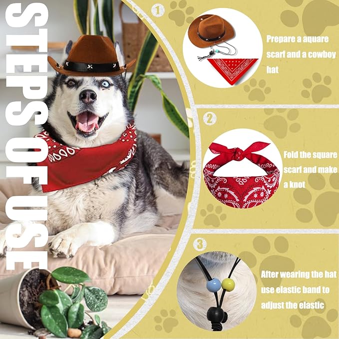 Dog Costume Halloween Dog Cat Cowboy Hat with Dog Bandana Funny Cute Pet Cowboy Costume Cosplay Cap Party Accessories