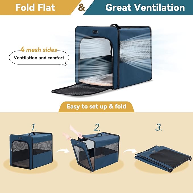PETSFIT Soft Sided Dog Crate, Portable Dog Crate - 24 Inch with Thicken Mat, Easy to Fold, Sturdy and Portable, Perfect for Traveling, Collapsible Dog Kennel Navy Blue