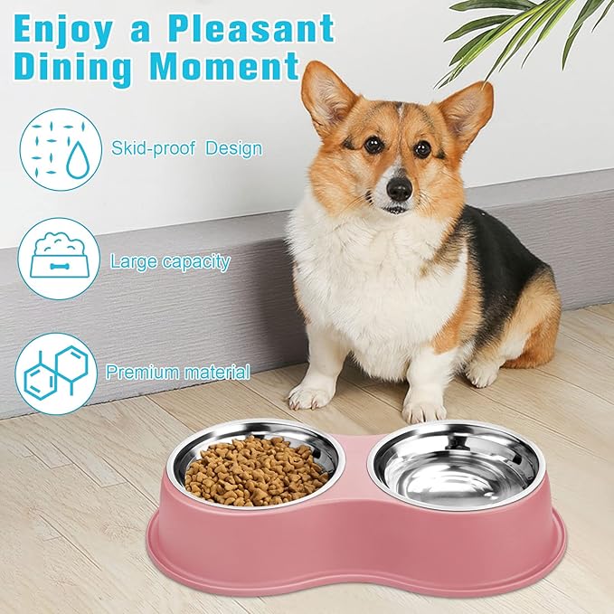 Dog Bowls Double Dog Water and Food Bowls Stainless Steel Bowls with Non-Slip Resin Station, Pet Feeder Bowls for Puppy Medium Dogs Cats
