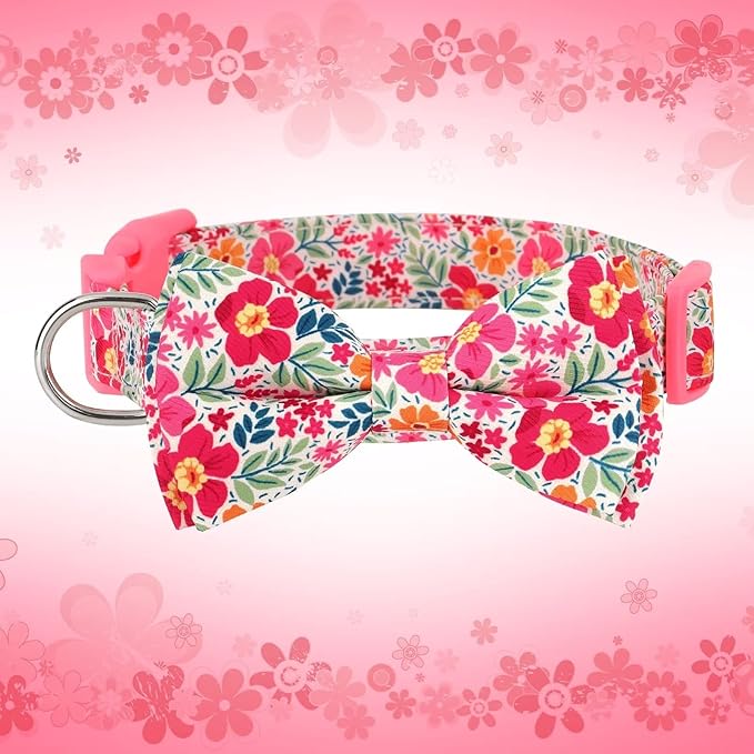 Didog Floral Dog Collar with Bow, Cute Girl Dog Collars with Detachable Bowtie, Soft & Comfy Spring Summer Dog Collar for Small Medium Large Dogs Gift Holiday, Pink, M