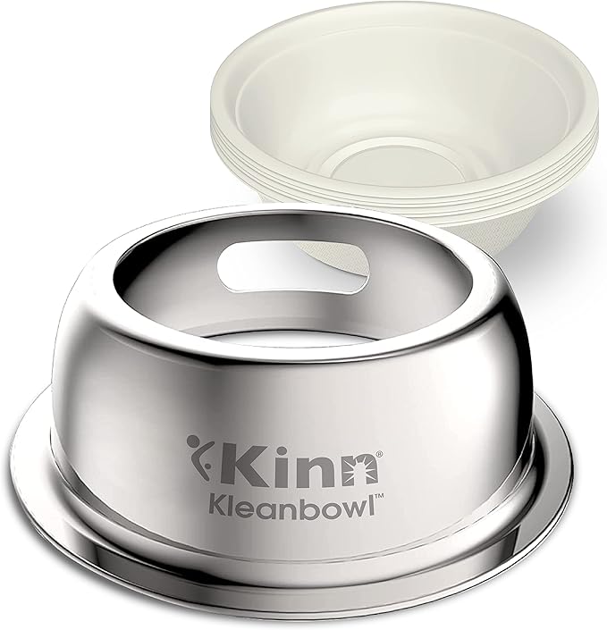 Kinn Kleanbowl Pet Bowl Stainless Steel Frame with Compostable Refills, 32 oz (Pack of 1) – Spill-Proof Stable Disposable Dog Bowls for Easy Cleaning and Healthy Pets, No Plastic