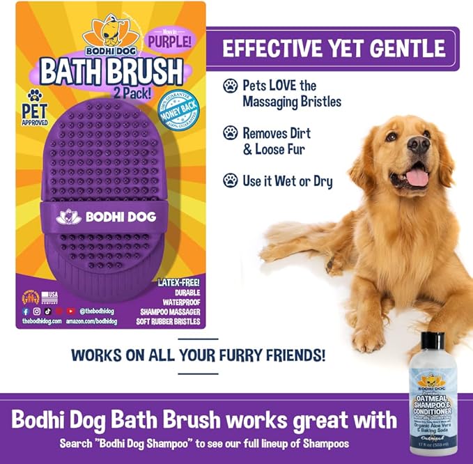 Bodhi Dog Shampoo Brush - Pet Grooming & Bath Supplies for Cats and Dog - Bath Brush for Long & Short Hair - Premium Scrubber for Shower, Bathing & Massage (Two Pack, Purple)