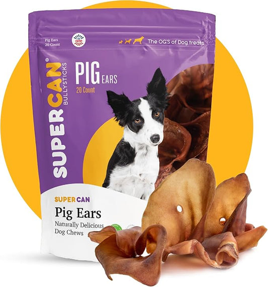 SUPER CAN BULLYSTICKS Pig Ears for Dogs (20 Count) | All Natural Healthy Dog Treats | Pig Ears for Large, Medium & Small Dogs | Natural Chews Alternative to Rawhide