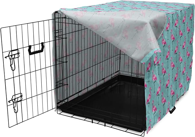 Lunarable Turquoise Dog Crate Cover, Repetitive Pink Flamingos on Wavy Water Background Vivid Colors Graphic, Easy to Use Pet Kennel Cover for Medium Large Dogs, 36 Inch, Pink Seafoam