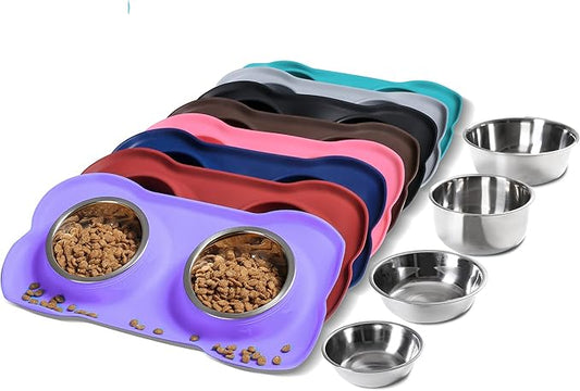 Hubulk Pet Dog Bowls 2 Stainless Steel Dog Bowl with No Spill Non-Skid Silicone Mat + Pet Food Scoop Water and Food Feeder Bowls for Feeding Small Medium Large Dogs Cats Puppies (X- Large, Purple)…