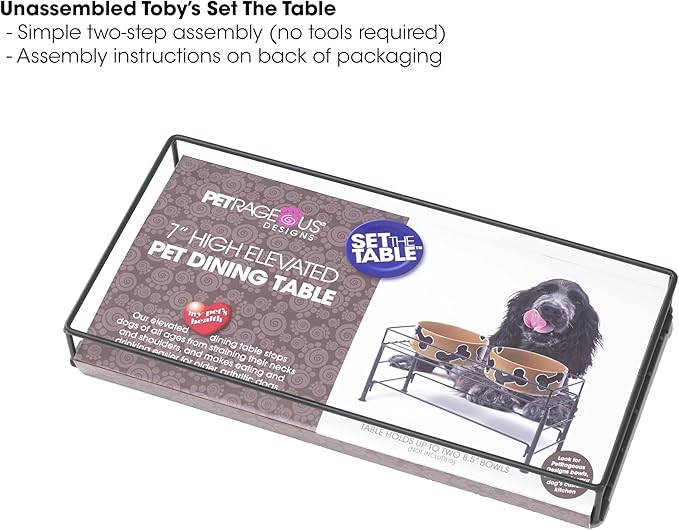PetRageous 81031 Tobys Set The Table Steel Frame Dog Feeder, 7-Inch Tall by 18-Inch Long and 8.5-Inch Wide, Holds Two 8-Inch Diameter Bowls, for Medium Dogs And Cats, Black