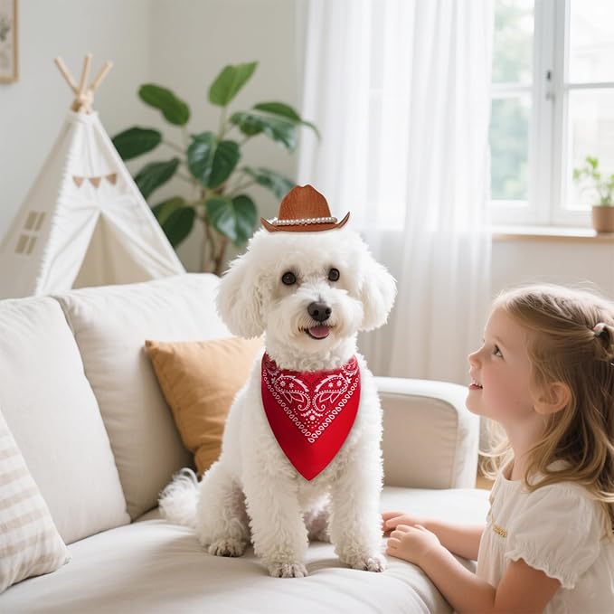 Pet Cowboy Costume Accessories Halloween Costumes for Small Pet Dogs Cat Cowboy Hat for Dogs and Bandana Scarf Halloween Party Western Cosplay Accessories (Brown, Small)