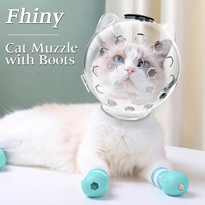 Fhiny Cat Muzzle,Transparent Helmet with 4 Boots Adjustable Breathable Kitty Hood Anti Bite Bubble Astronaut Mask Silicone Claw Covers for Cats Bathing Shaving Grooming (Medium)