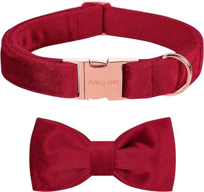 ARING PET Velvet Dog Collar-Soft Bowtie Dog Collars with Metal Buckle, Cute&Comfortable Christmas Red Dog Collar with Bow for Small Medium Large Dogs