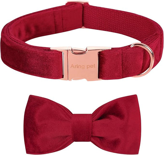 ARING PET Velvet Dog Collar-Soft Bowtie Dog Collars with Metal Buckle, Cute&Comfortable Christmas Red Dog Collar with Bow for Small Medium Large Dogs