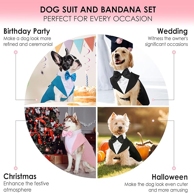AOFITEE Dog Tuxedo Formal Dog Suit and Bandana Set, Gentle Dogs Wedding Party Suit Bow Tie Shirt, Tuxedo for Small Dogs Costume Outfit with Detachable Bowtie Collar for Christmas Halloween Dress Up
