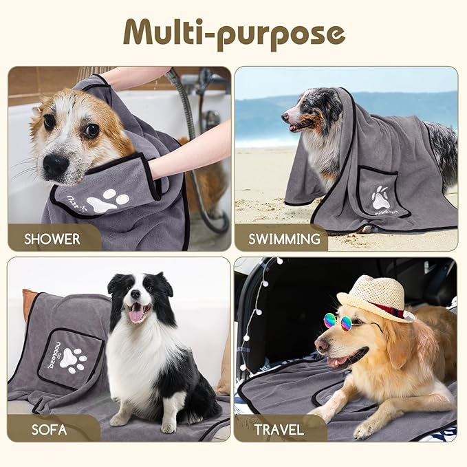 Nobleza Super Absorbent Large Dog Towels with Hand Pockets, Soft Microfiber Quick Drying Dog & Cat Bath Towel, Gray
