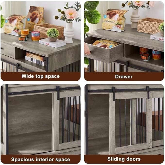 Dog Crate Furniture Wooden Dog Crate Table with Drawers Furniture Style Dog Cage with Side Door for Medium and Large Dogs,Grey,35.43" x 23.62" x 33.46"