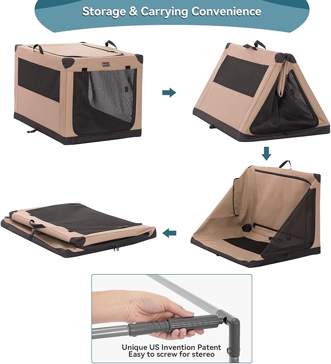PETSFIT Collapsible Dog Crate, Portable Dog Crate-36 Inch Lightweight, Easy Setup, Sturdy, Adjustable Framework with 3 Mesh Door, Soft Dog Kennel Indoor Khaki