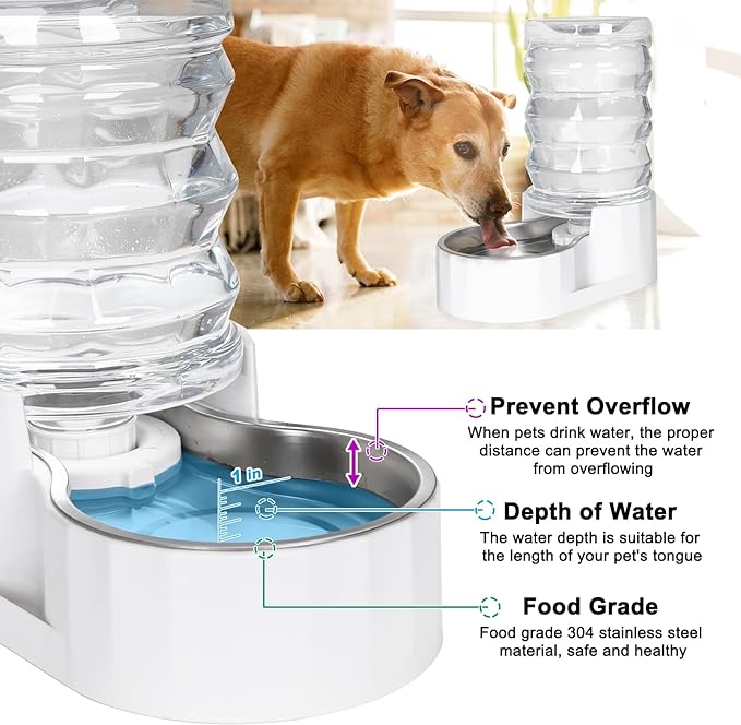 RIZZARI Automatic 7L Pet Waterer,Gravity Stainless Steel Water Dispenser, 100% BPA-Free, Large Capacity Water Feeder for Cats and Medium and Large-Sized Dogs (White,7L)