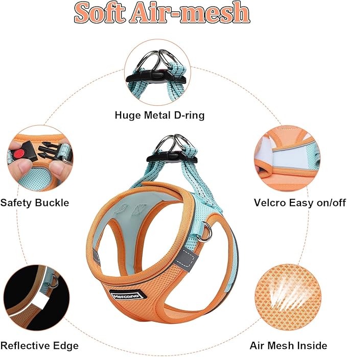 Mercano Soft Mesh Dog Harness and Leash Set, No-Chock Step-in Reflective Breathable Lightweight Easy Walk Escape Proof Vest Harnesses with Safety Buckle for Small Medium Dogs, Cats (XS, Orange Blue)