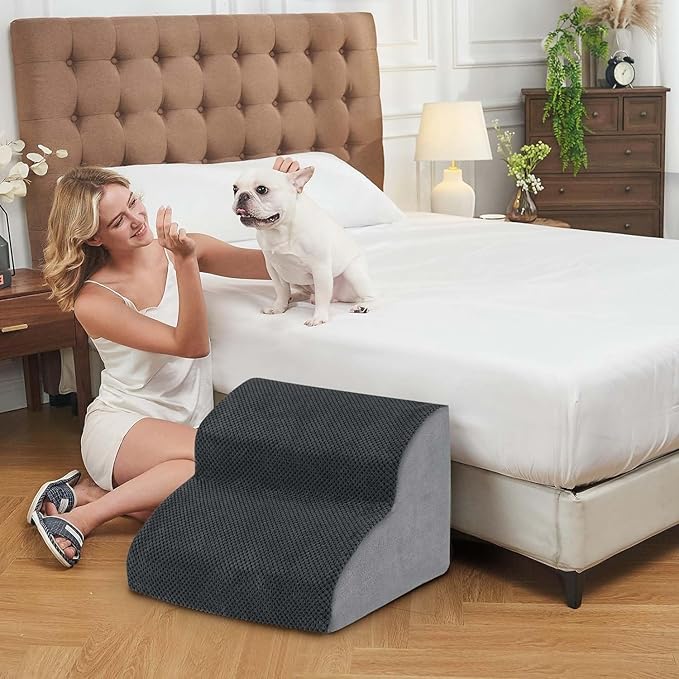 BOMOVA Dog Stairs for Small Dogs, 2-Step Dog Steps for Bed and Couch, High Density Foam Pet Stairs for Small Dogs and Cats, Non-Slip Bottom Dog Ramp, Grey, 2/3/4/5 Steps