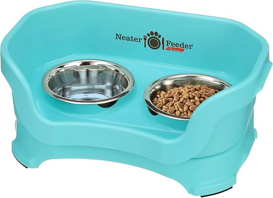 Neater Feeder Deluxe Mess Proof Dog Bowls Elevated for Small Breed – Made in USA – No Spill Raised Dog Food Bowl Stand – Stainless Steel Food and Water Bowl Set, Pet Feeding Station, Aquamarine