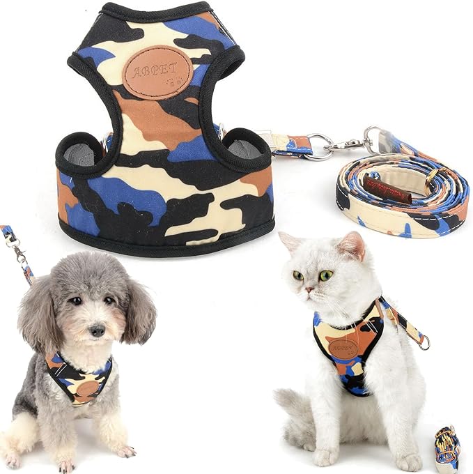 SMALLLEE_LUCKY_STORE Small Dog Cat Mesh Harness & Lead No Escape Adjustable Padded Military Camo Blue, L Chest:13.5"-17.5",Weight 11-14.5lbs