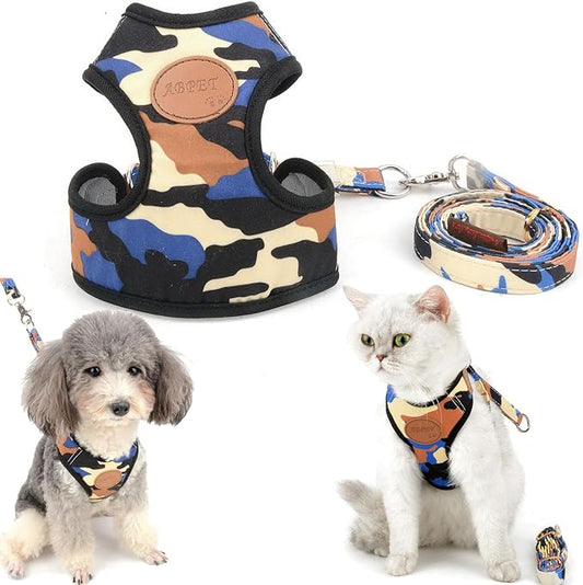 SMALLLEE_LUCKY_STORE Small Dog Cat Mesh Harness & Lead No Escape Adjustable Padded Military Camo Blue, M Chest:11.5"-15.5",Weight 6.5-11lbs