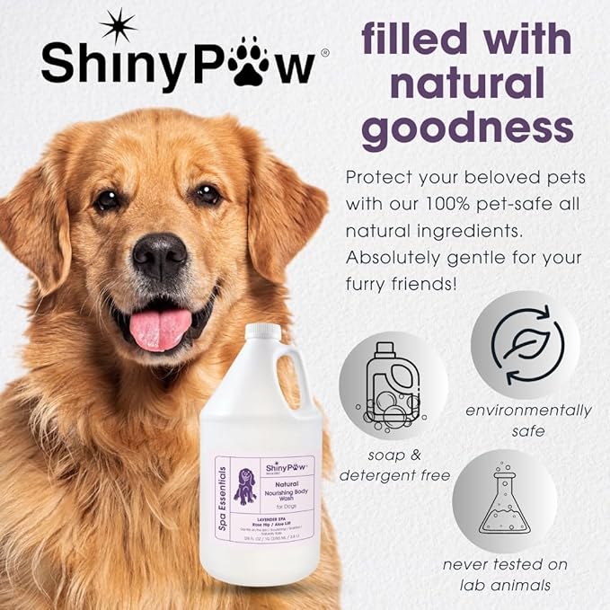 Lavender Shampoo Spa Essentials Nourishing Dog Body Wash 128 oz by Shiny Paw | Anti Itch Shampoo for Dogs | Dog Bath Coat Cleaner for Dogs | Made in The USA
