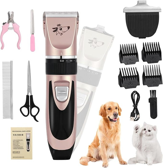 Aovdy Dog Clippers Grooming Kit Dog Shaver Clippers Hair and Paw Electric Cleaning Hair Clippers Set for Dogs Cats Rabbit (Rose Gold, Scissor Set+Foot Shaving Blade)