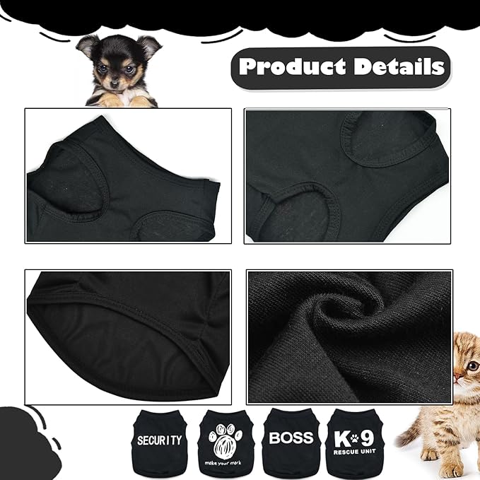 4 Pieces Chihuahua Clothes Dog Clothes for Small Dogs Boy Summer Teacup Yorkie Spring Letter Security Pet Shirts Soft Puppy Cloth Tiny Doggie Outfit Pet Cat Clothing XXS Black