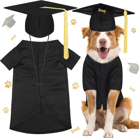 Xuniea 2 Pcs Dog Graduation Costume Set 2025 Dog Graduation Cap and Gown Puppy Hat with Tassel Matte Pet Grad Outfit Cats Grad Bear Holiday Party Costume Accessory(Black,Large)