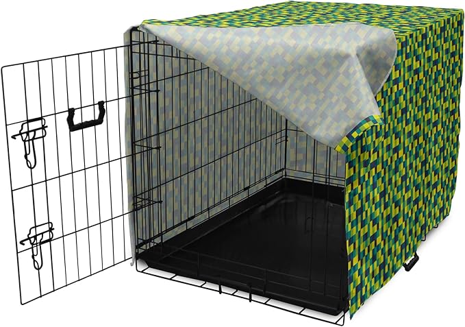 Lunarable Yellow and Blue Dog Crate Cover, Vivid Colored Squares Funky Simple Retro Style Grid Tile, Easy to Use Pet Kennel Cover for Cats & Medium Dogs, 24 Inch, Petrol Blue Lime Green