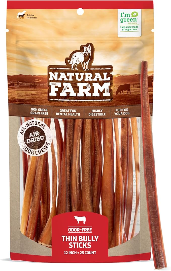 Natural Farm Odor-Free Thin Bully Sticks (12”, 25-Pack) All-Natural Long-Lasting Dog Chews, 100% Beef Pizzle, Grass-Fed, Grain-Free, Protein for Muscle Development & Energy, Perfect for Large Dogs
