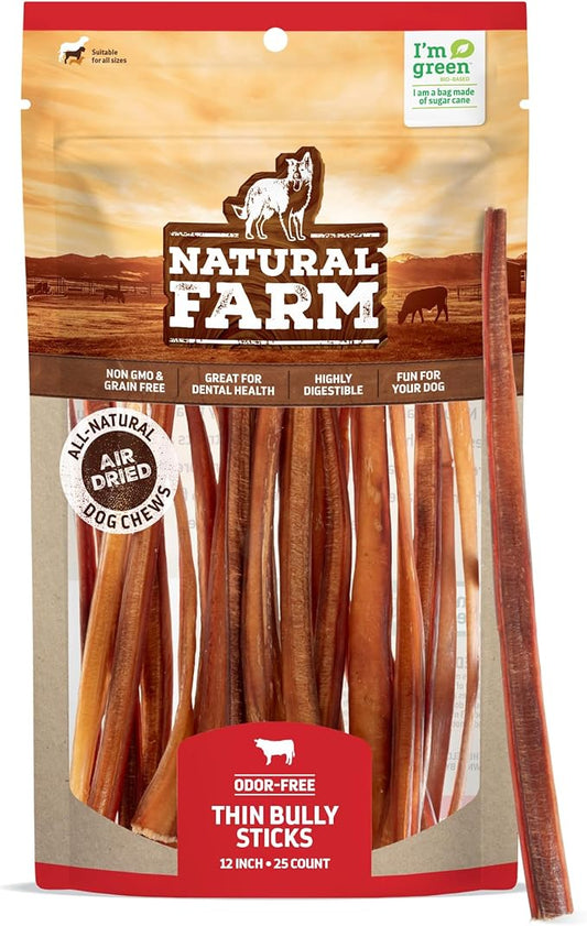Natural Farm Odor-Free Thin Bully Sticks (12”, 25-Pack) All-Natural Long-Lasting Dog Chews, 100% Beef Pizzle, Grass-Fed, Grain-Free, Protein for Muscle Development & Energy, Perfect for Large Dogs