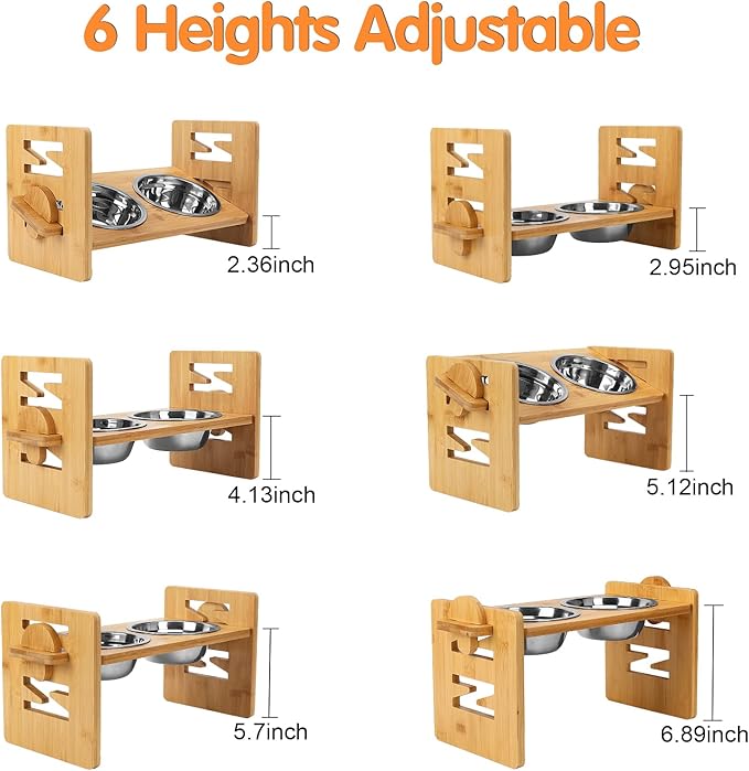 Elevated Dog Bowls, Adjustable Raised Tilted French Bulldog Food Water Bowl, Slanted Bamboo Pet Feeding Station with Stainless Steel Bowl for Small & Medium Dogs, Cat Kitten Flat Faced Puppy Feeder