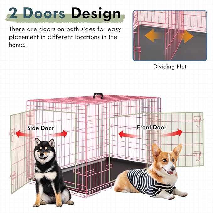 PayLessHere Large Dog Crate Kennel for Medium Large Dogs 36 inches Metal Dog Cage Double-Door Folding Travel Indoor Outdoor Puppy Playpen with Divider and Handle Plastic Tray,Pink