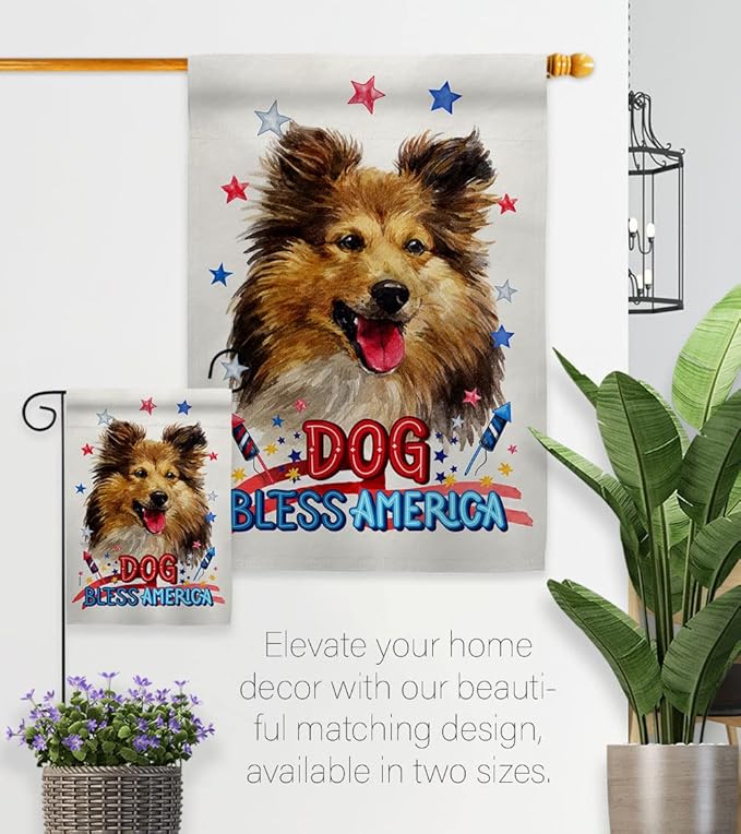 Breeze Decor Patriotic Shetland Sheepdog House Flag Pack Dog Puppy Spoiled Paw Canine Fur Pet Nature Farm Animal Creature Vintage Applique Banner Small Garden Yard Gift Double-Sided, Made in USA