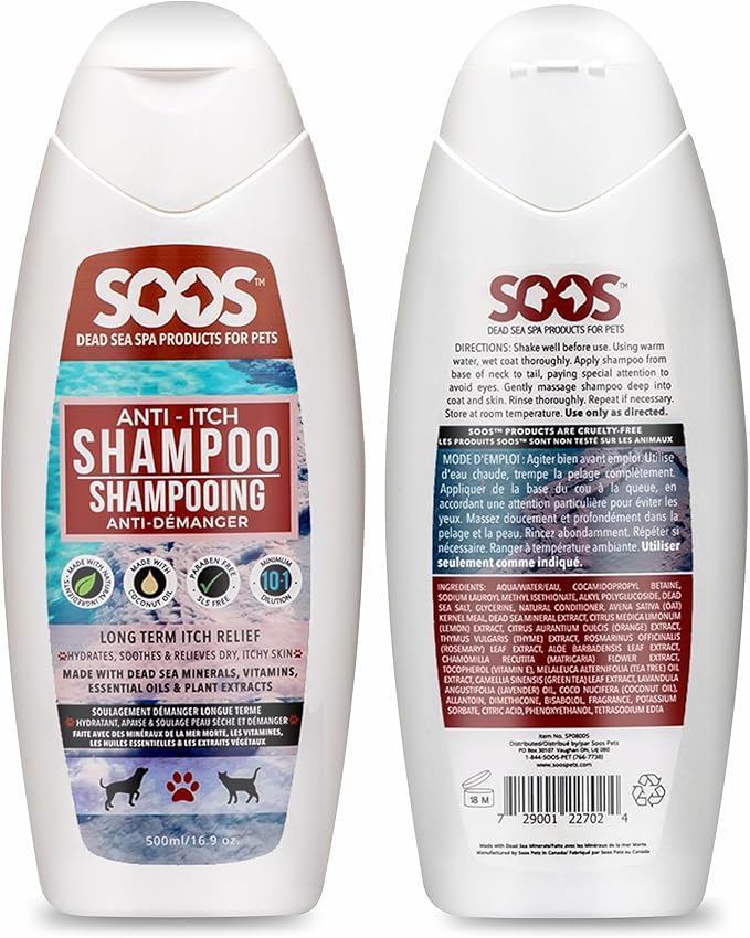 Soos Pet Anti-Itch Shampoo for Dogs and Cats - Natural Dead Sea Fast Absorbing - Clean Fur with Vitamins Minerals Essential Oils Natural Ingredients - 500ml