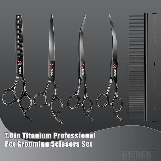 7.0in Titanium Professional Dog Grooming Scissors Set, GEMEK 6 in 1 Straight & Thinning & Upwards Curved & Downwards Curved Scissors & Comb for Dogs, Cats and Other Animals