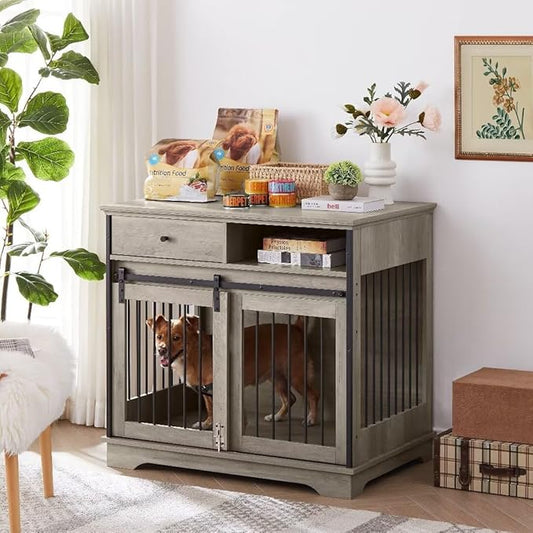 Dog Crate Wooden Furniture Dog Crate with Drawers Furniture Style Dog Cage with Side Door for Medium and Large Dogs,35.43" x 23.62" x 33.46",Grey