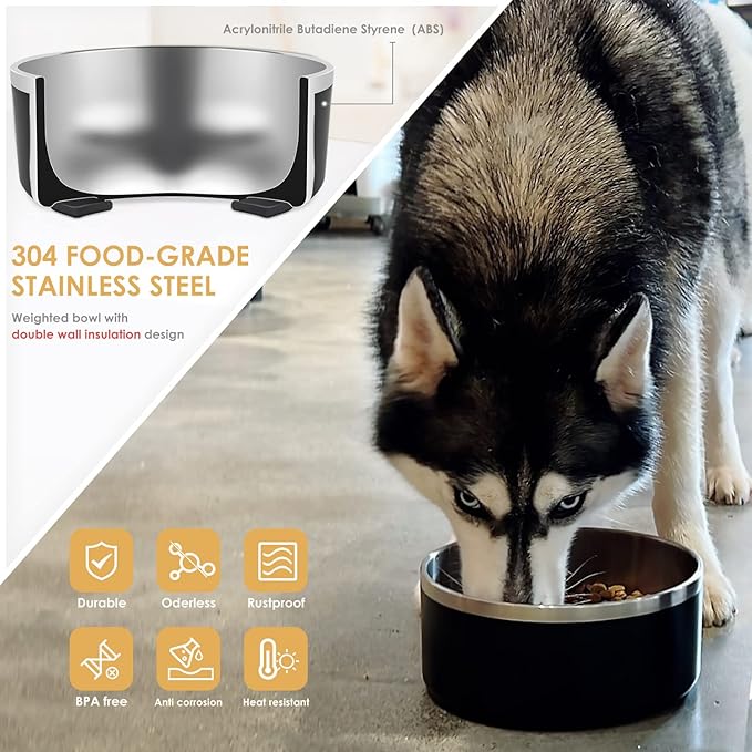 IKITCHEN Dog Bowl for Food and Water, 64 Oz Stainless Steel Pet Feeding Bowl, Durable Non-Skid Double Wall Insulated Heavy Duty with Rubber Bottom for Medium Large Sized Dogs (64 Ounces/8 Cup, Black)