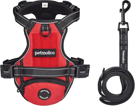 No Pull Dog Harness Medium Reflective Front Clip Vest with Pocket, Adjustable 2 Metal Rings 2 Buckles Easy to Wear & Take Off (Red)