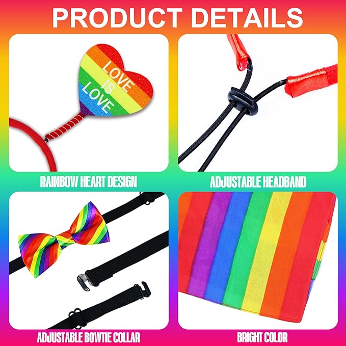 3 PCS Dog Pride Outfit Apparel Clothes, Rainbow Heart Dog Headband Rainbow Bandana and Bow Tie Collar Set for Small Medium Large Dogs (Pride Style 1)