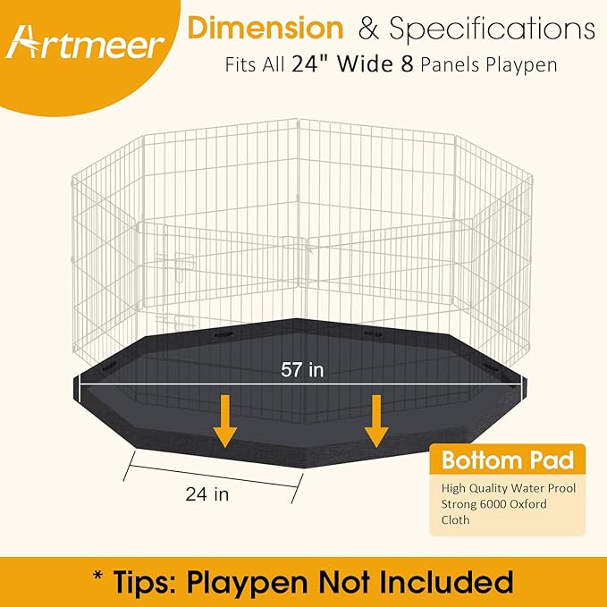 Dog Playpen Regular Octagon Metal Exercise Pet Playpen 8 Panels 24 Inch Bottom Pad Cover for Small Medium Pets Indoor Outdoor(Only Black Bottom pad Cover, Playpen Not Included)