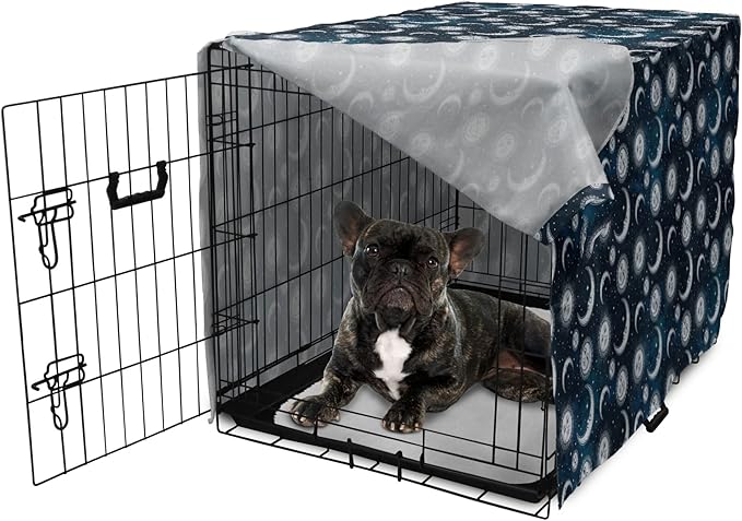Ambesonne Sun and Moon Dog Crate Cover, Heavenly Bodies in Starry Night Sky Graphic Theme, Easy to Use Pet Kennel Cover for Cats & Medium Dogs, 30 Inch, Blue Grey