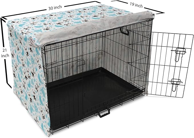 Lunarable Panda Dog Crate Cover, Chinese Bears with Stroller and Dotted Hearts on Chevron Background, Easy to Use Pet Kennel Cover for Cats & Medium Dogs, 30 Inch, Pale Blue Black Blue