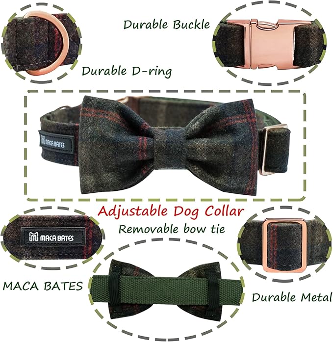 MACA Bates Dog Green Woolen Collar with Nylon- Warm and Soft Bows Dog Collar for Large Medium Small Dogs, Adjustable Dog Collar with Metal Buckle for Boy and Girl in Winter, XS Puppy Collar