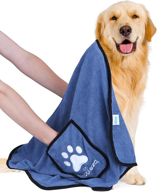 Nobleza Dog Towel, Super Absorbent Large Pet Towel with Hand Pockets, Microfiber Quick Drying Dog Towels for Drying Dogs, Mazarine